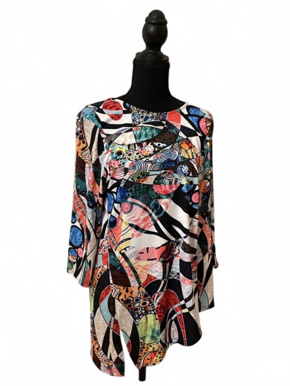 Peck & Peck Lagenlook Colorful Blouse Asymmetrical Whimsical Top 3/4 Sleeve, XL